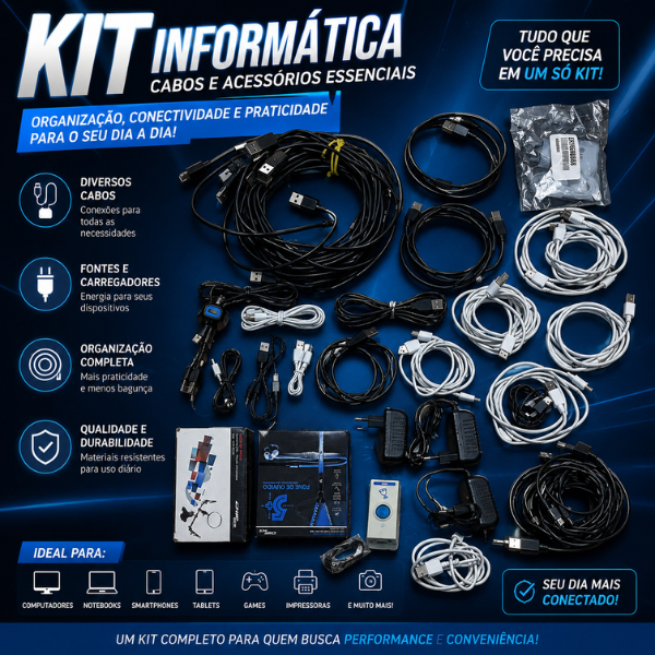 Kit Informática Completo Cabos USB Fontes Carregadores e Acessórios Diversos
