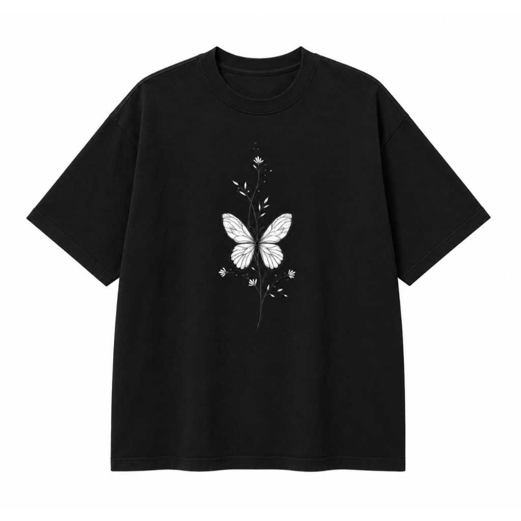 Camiseta Oversized Feminina Estampada Borboleta Minimalista Linha Premium
