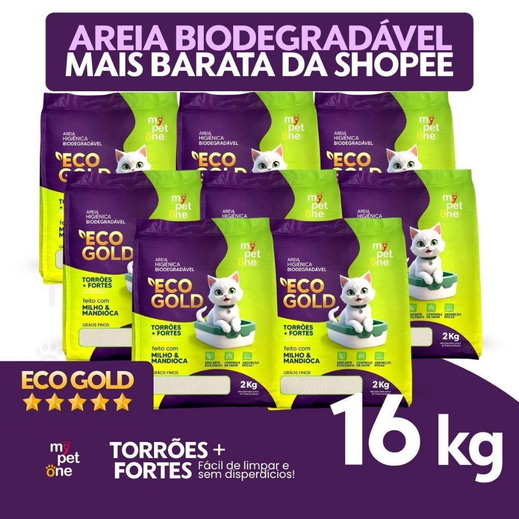 Kit 8 Areia Biodegradável Gatos Eco Gold Fina MyPetOne - 16Kg