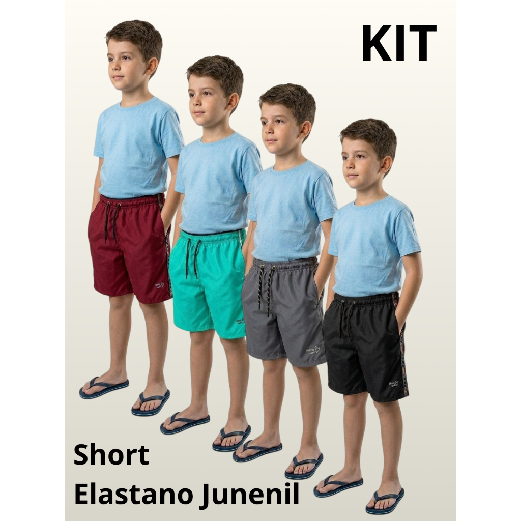 Kit Short Bermuda Infantil Juvenil Elastano Menino Praia Com Bolso Elastano Premium 10 a 16 Anos