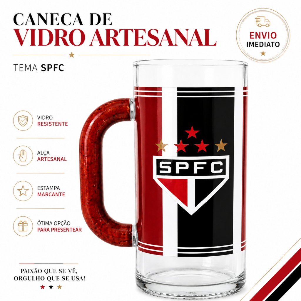 Caneca De Vidro Do Sao Paulo Tema SPFC Com Alca Artesanal Exclusiva Envio Rapido Protegido