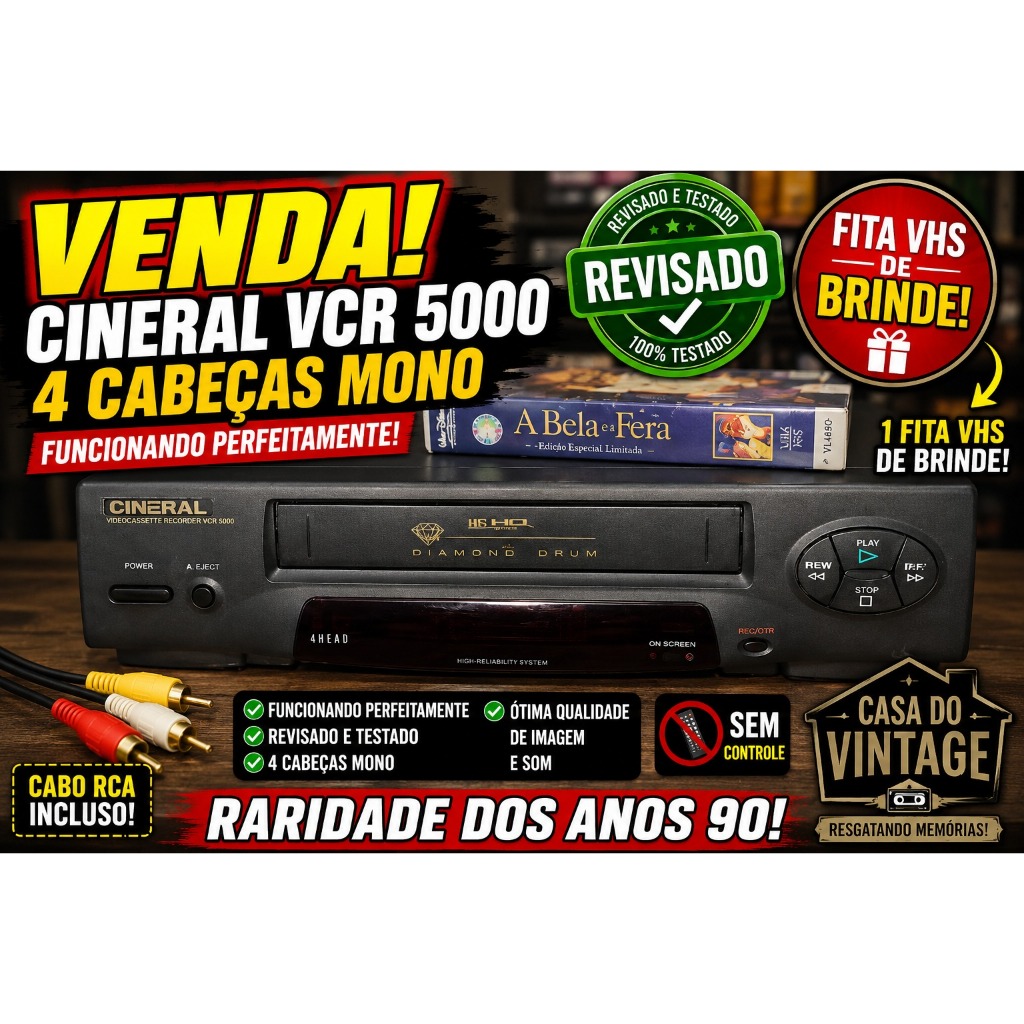 VÍDEO CASSETE CINERAL 4 CABEÇAS MONO + FITA DE BRINDE