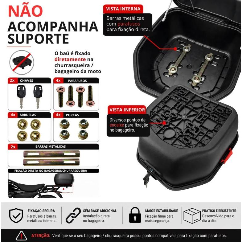 Bau Bauleto Moto ABS 32 Litros Preto Com Lanterna LED Titan PCX Universal Todas Motos — imagem 2 de 2