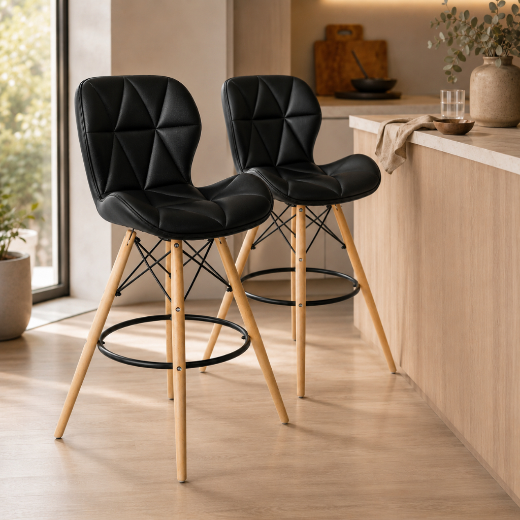 Kit 2 Banquetas Slim Pé Palito Eiffel Wood Estofada Casa Sala Apto Escritório Cozinha Pé Madeira