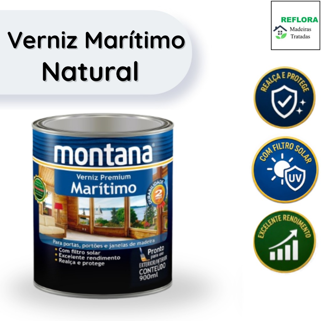 Verniz Marítimo Premium Natural 900ml Montana Verniz para Madeira Brilhante Acetinado ou Fosco