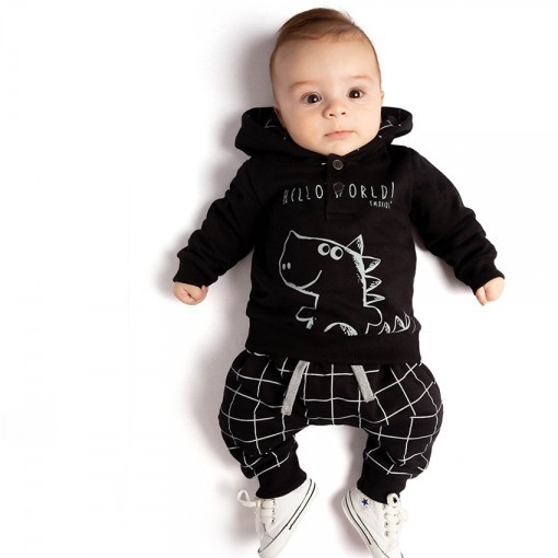 Conjunto Bebê Menino Moletom Flanelado Inverno Blusa e Calça Saruel Dinossauro