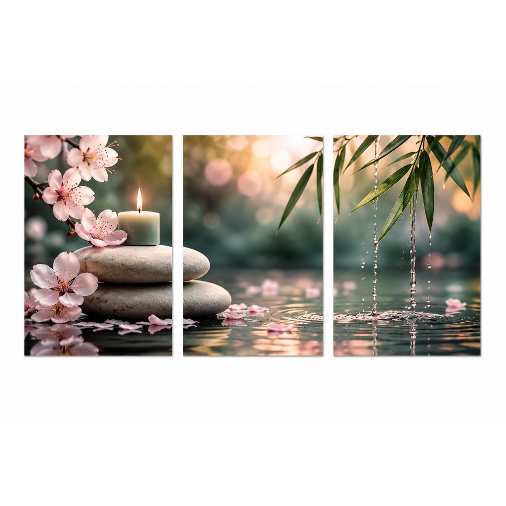 Imagem Kit 3 Quadros Decorativos Spa Zen Bambu Pedras Vela Flores Relaxamento Sala Massagem Estética