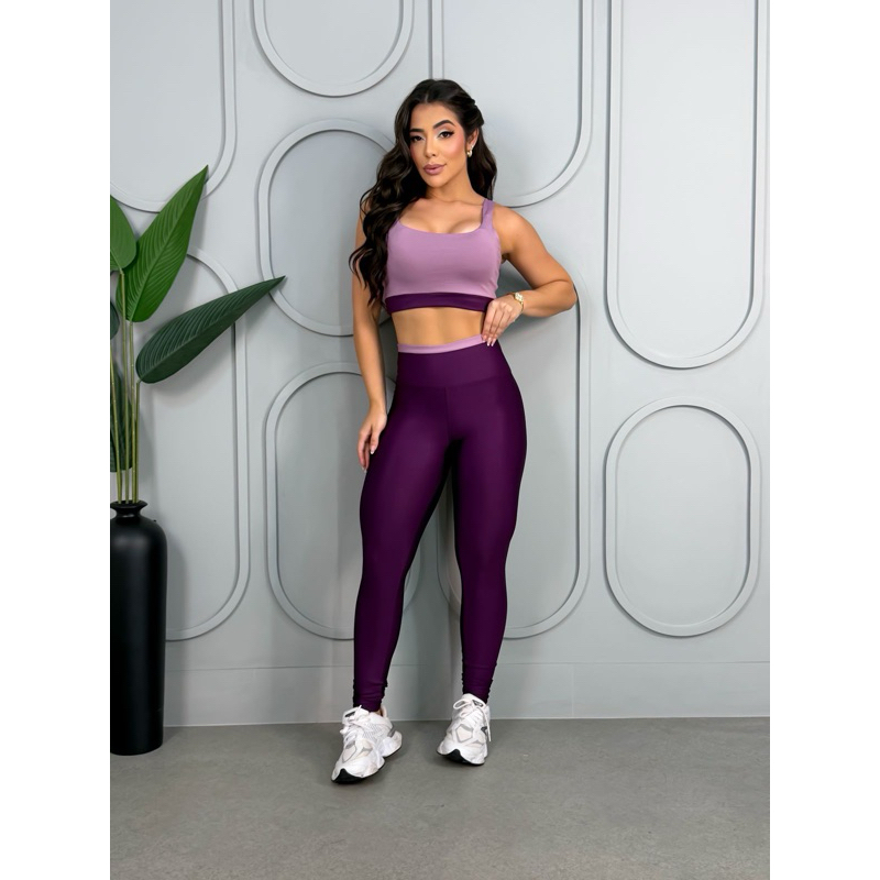Conjunto Fitness Feminino Top com Bojo Legging Cintura Alta Suplex Power Zero Transparência Compressão Academia