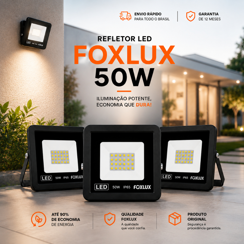 Refletor de LED Forte Refletor de LED Frio Foxlux Holofote de LED Bivolt Refletor LED 50W 6500K