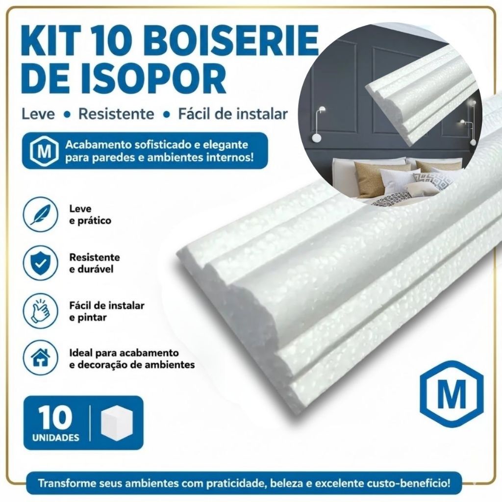 Kit com 10 metros Molduras isopor Boiserie Decoração Praticidade Ambiente Internos