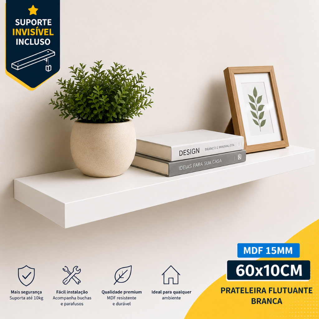 Prateleira Flutuante MDF 15mm Branca 60x10cm com Suporte Invisível para Parede Sala Quarto Cozinha