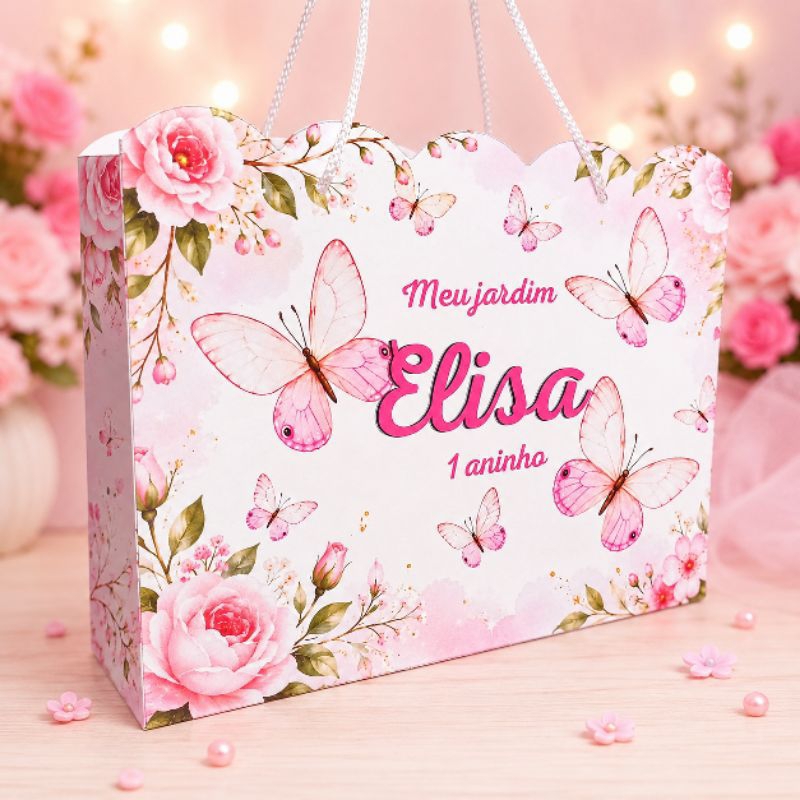 Sacolinha Personalizada Jardim das Borboletas 20x15x7cm com Alça | Lembrancinha Festa Infantil Menina