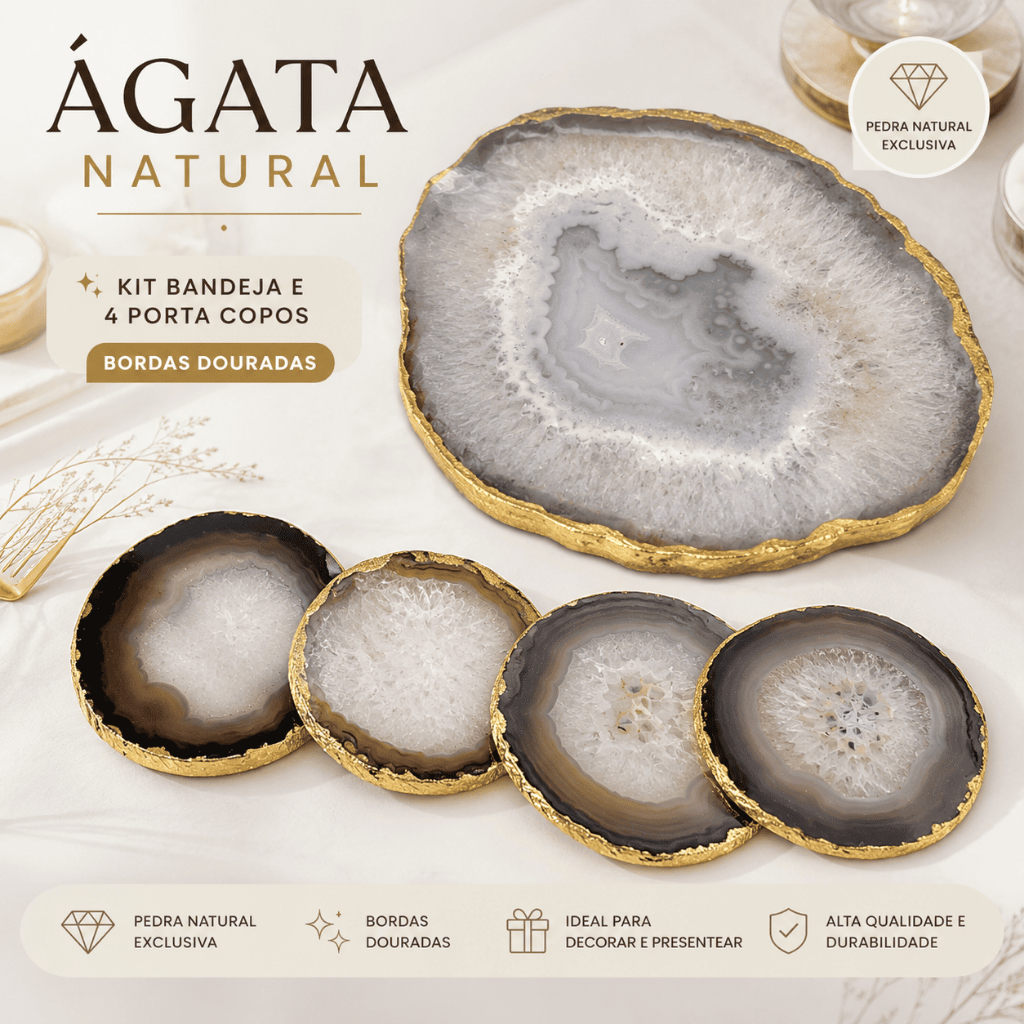 Kit Bandeja de Ágata Natural 19cm + 4 Porta Copos 9cm com Bordas Douradas Decorativo Luxo