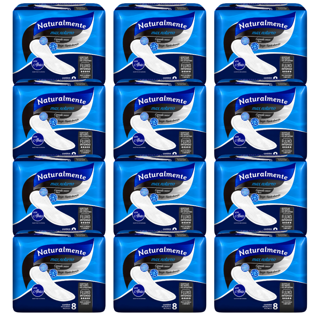 Absorvente Sem Abas Noturno Kit com 12 Pacotes com 8 Unidades Naturalmente Max Conforto e Proteção