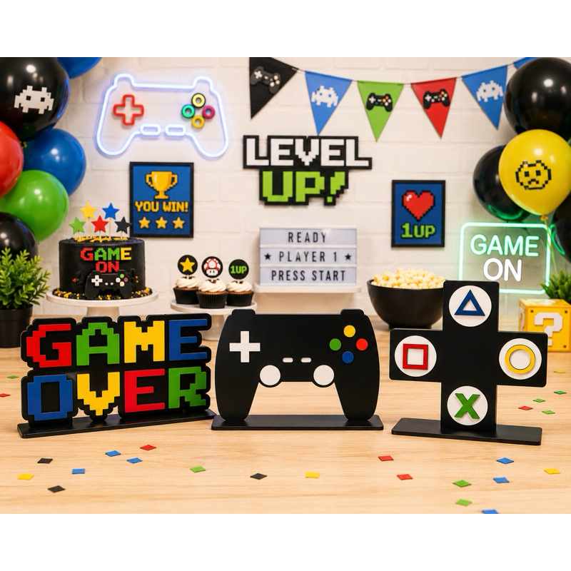 Kit Decoração Gamer MDF Festa Quarto Infantil Game Over Controle Símbolos PlayStation 3 Peças