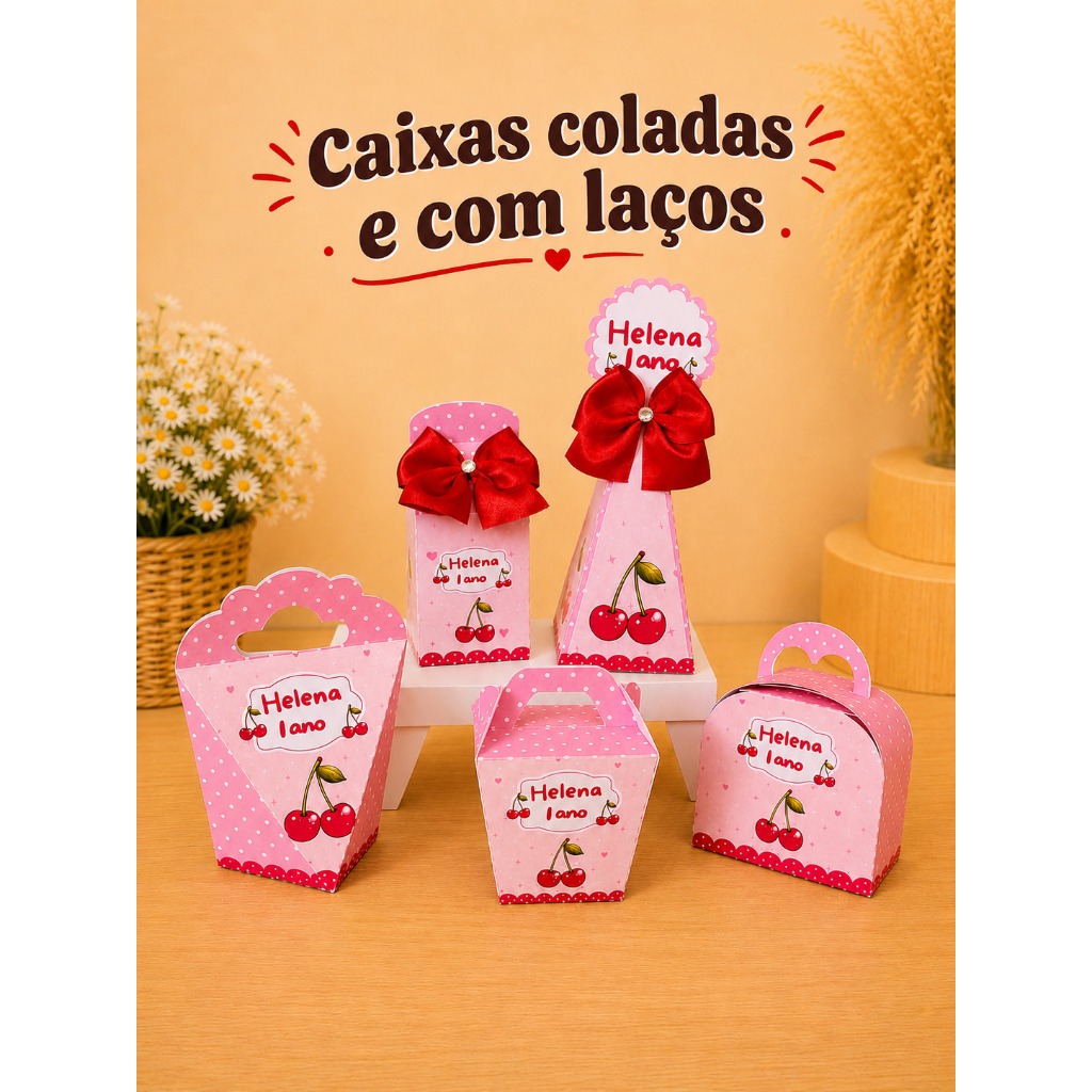 Kit Festa caixinhas Personalizadas Tema CEREJA CEREJINHA | Caixas para Lembrancinhas Já Coladas com Laços|Festa Infantil