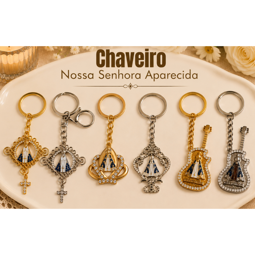 Chaveiro Nossa Senhora Aparecida Metal com Strass | Cruz, Coroa e Violão