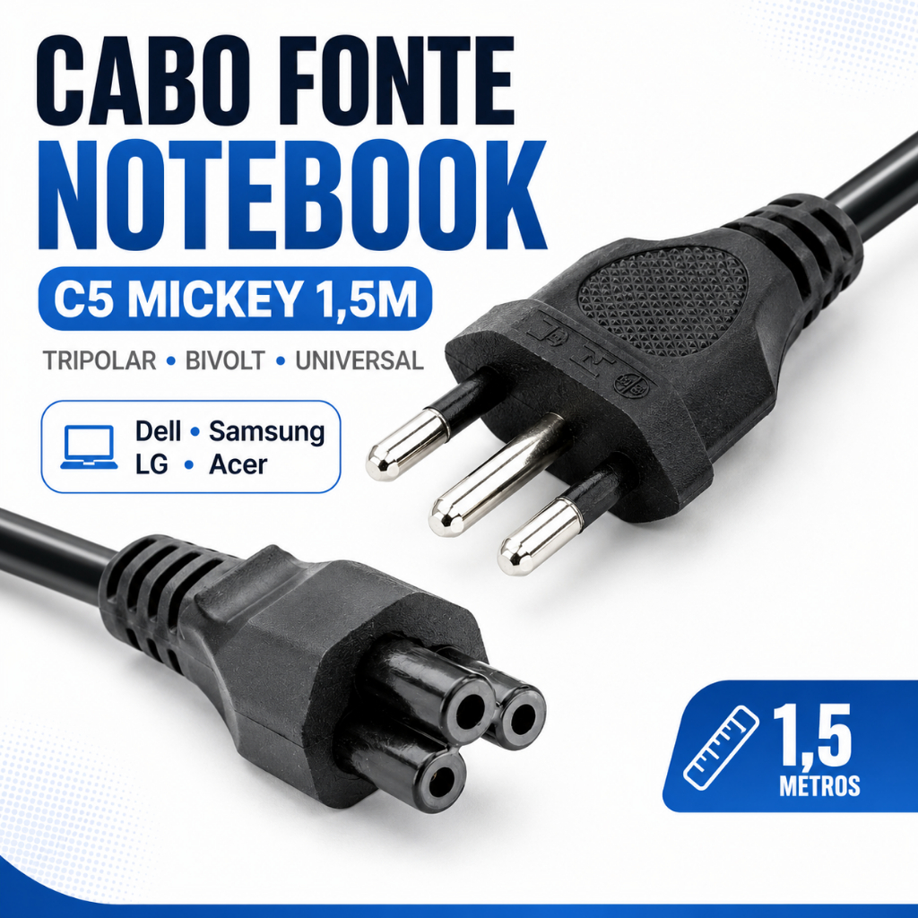 Cabo Fonte Notebook C5 Mickey Tripolar Cabo de Energia Bivolt 1,5m Universal Dell Samsung LG Acer