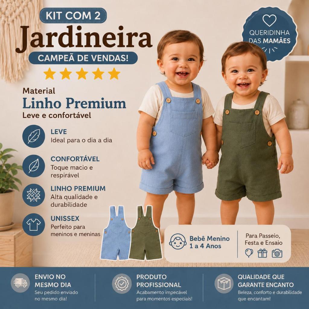 Jardineira Infantil Menino kit com 2 / Bebê - Macacão em Linho