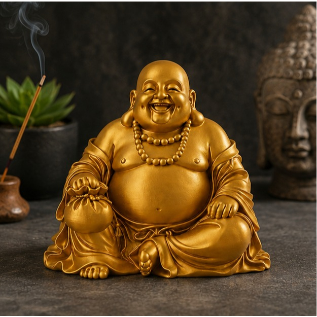 Imagem Estátua Buda Risonho Dourado Decorativo Feng Shui Prosperidade Sorte Zen Premium Luxo