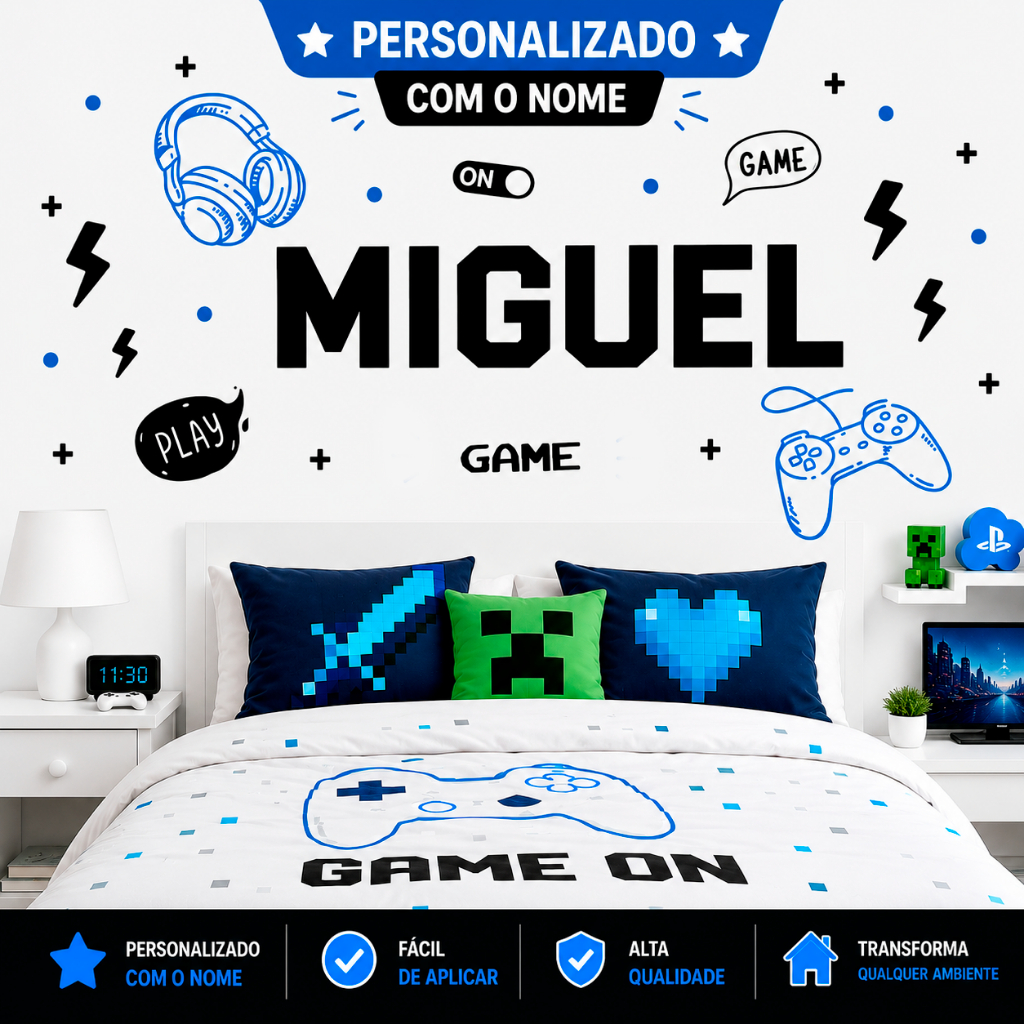 Adesivo de Parede Infantil Game Gamer – Controle e Fone de Ouvido Personalizado Nome Quarto Menino