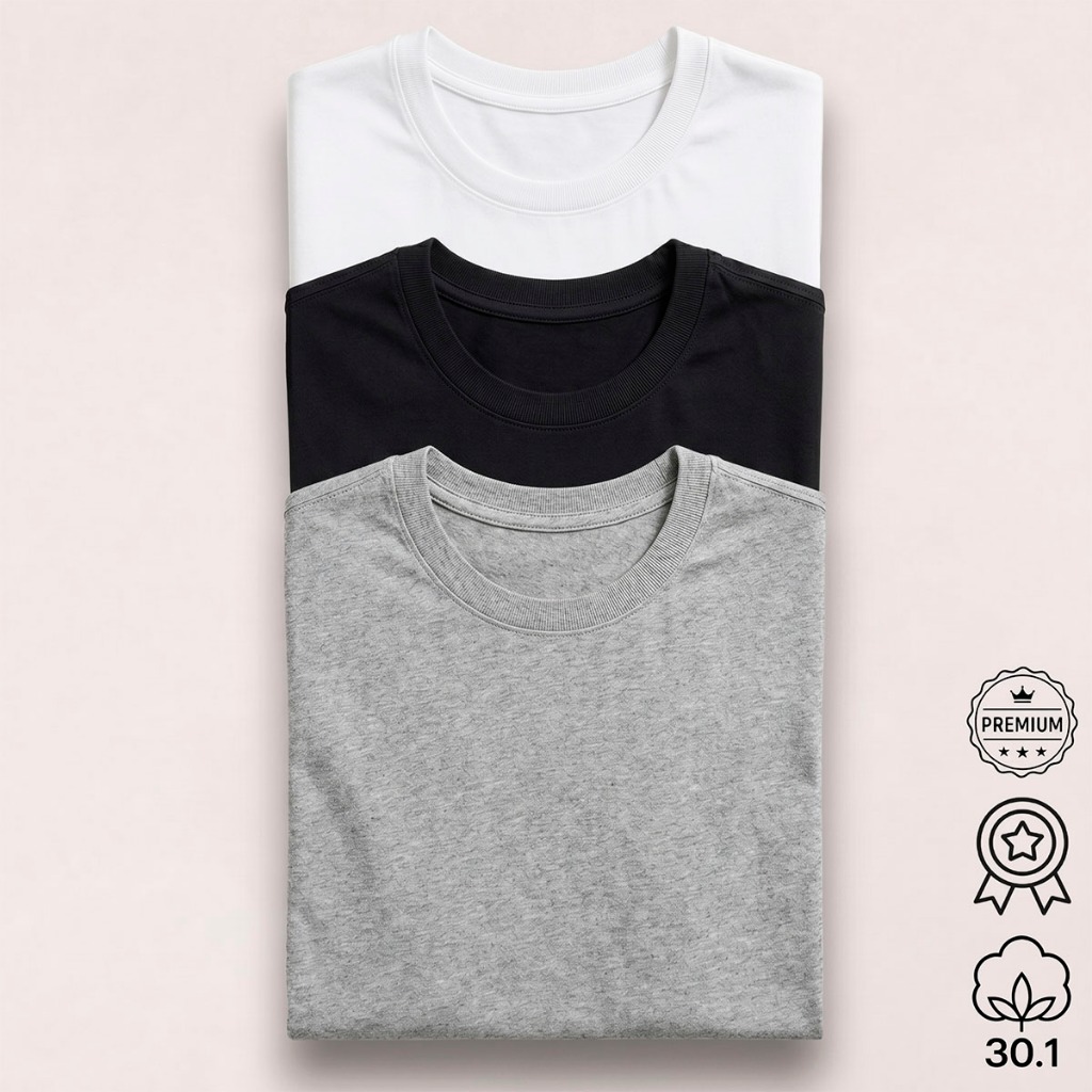 Kit 3 Camisetas Masculinas Básicas Lisas Malha Algodão 30.1 Premium Premium Dia a Dia Casual