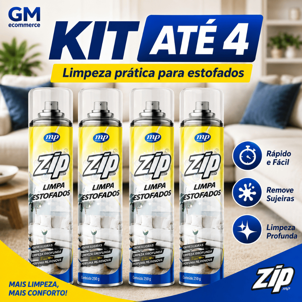 Kit Até 4 Limpa Estofados Zip MP Spray Sofá Tapete Carpete Limpeza Doméstica 250g