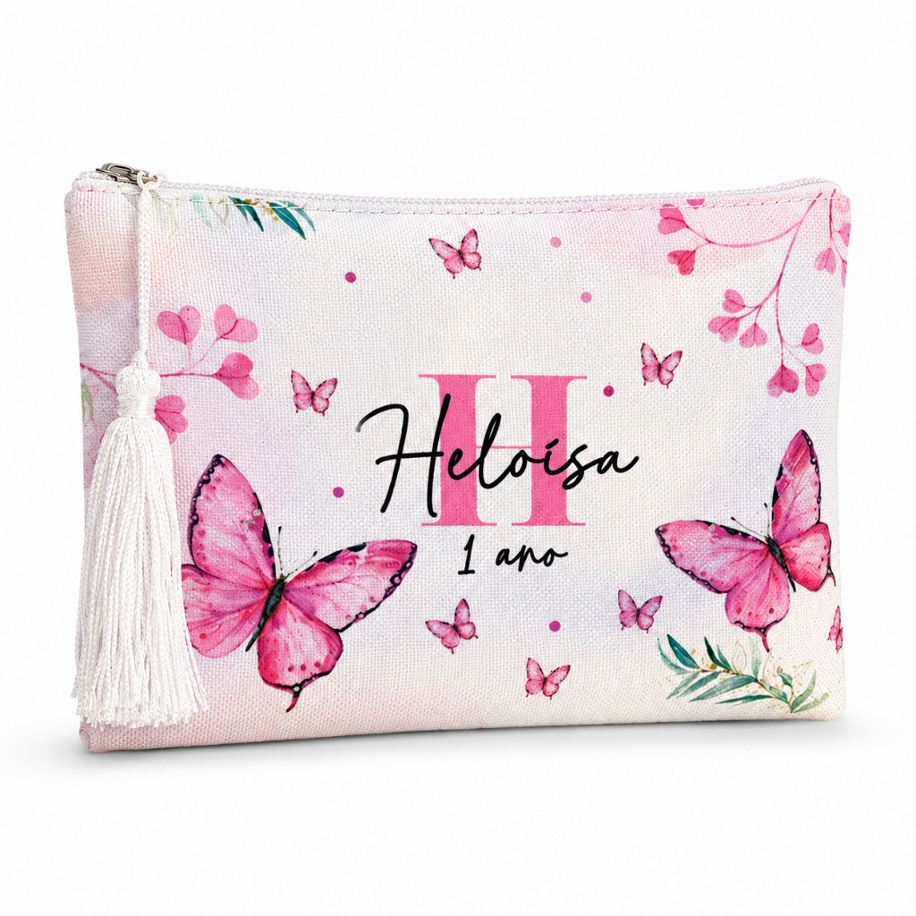 10 Lembrancinha Aniversário Personalizada Bolsinha Necessaire Infantil Borboletas com Nome e Idade 1 Ano Menina Luxo