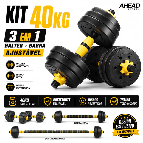 Kit Halteres 3 em 1 40kg Anilha Barra Musculação Academia Peso Ajustável Segurança e Durabilidade
