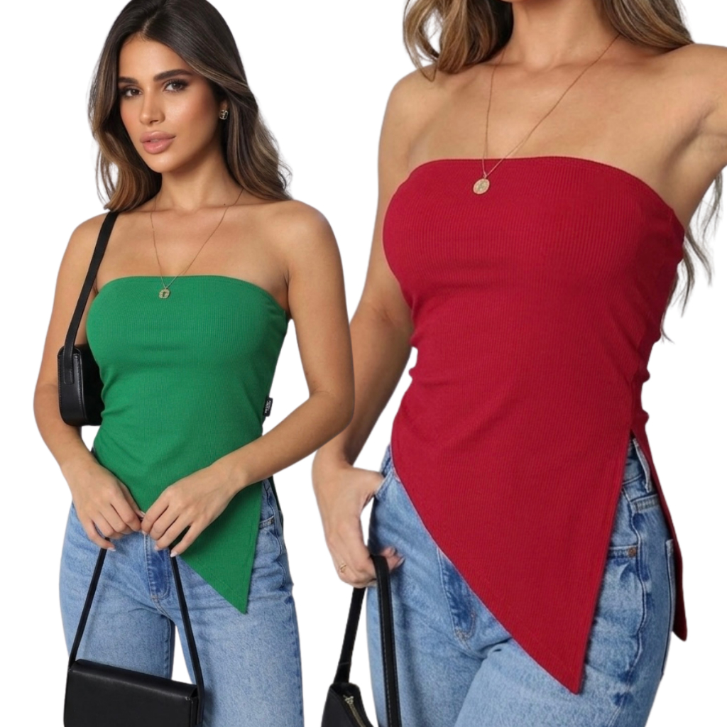 Blusa Feminina Tomara que Caia com Bojo Assimétrica Canelada Ribana Elegante e Confortável