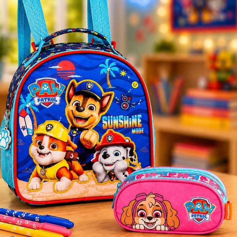 Kit Escolar Infantil Paw Patrol Patrulha Canina Skye Rubble Lancheira Térmica + Estojo Triplo Pelúcia
