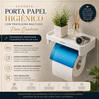 H-616 - 1 Suporte Porta Papel Higiênico Com Prateleira Multiuso Para Banheiro cor Branco com Azul