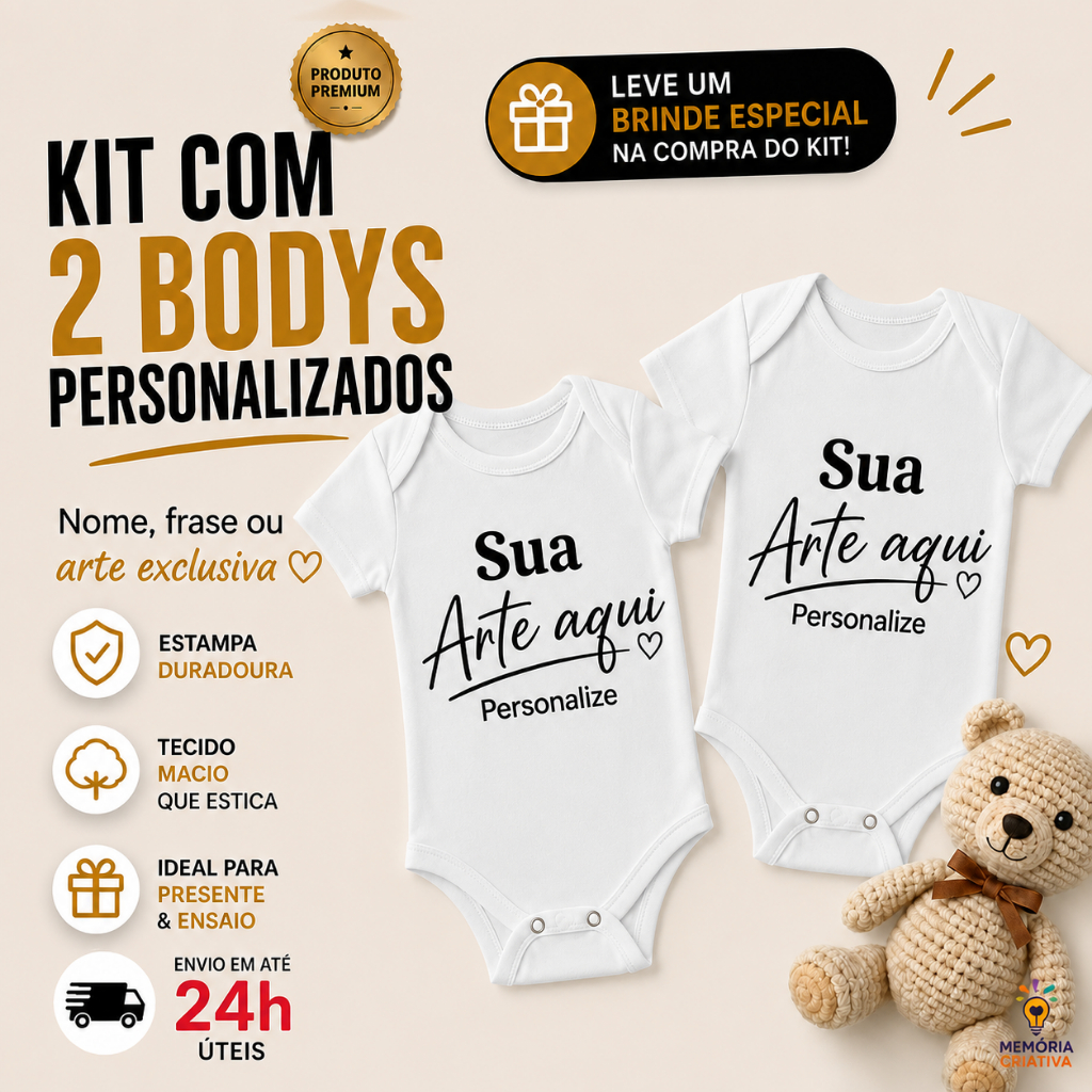 Kit Com 2 Body Bebê Personalizado Premium Sua Arte Aqui Presente Criativo e Fofo Criamos sua Arte