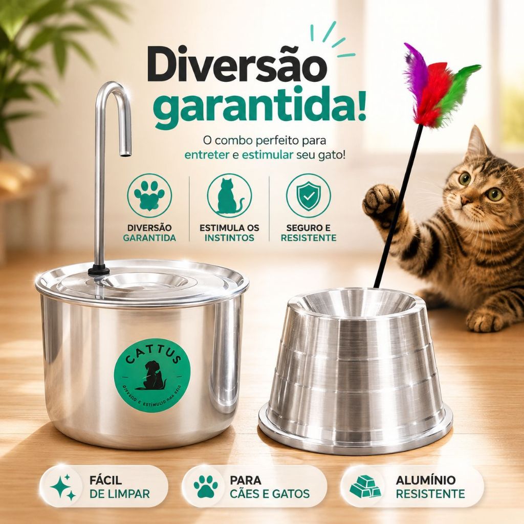 Bebedouro fonte para gatos aluminio 1.4L e comedouro elevado antiformiga 140mL