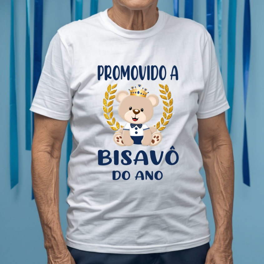 Camiseta Adulto PROMOVIDO A BISAVÔ DO ANO Ursinho Príncipe Realeza Azul marinho - Chá de bebê ZLprint