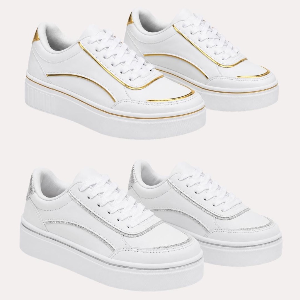 Tênis Lumi White Plataforma Feminino - Branco Prata ou Dourado Confortável Estiloso Moda Versátil