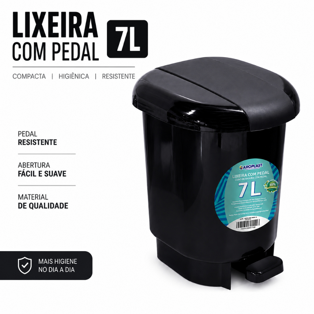 Lixeira com Pedal 7 Litros Preta Plástica para Banheiro Lavabo Cozinha Escritório Resistente Compacta Toy25472