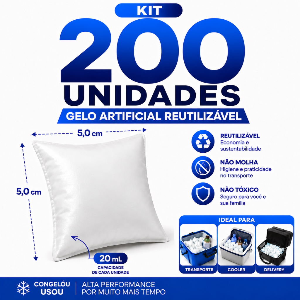 Kit 200 Unidades Gelo Artificial Reutilizável 20 ml Alta Performance Cooler Bolsa Térmica Transporte Remédio Gelo x Gel