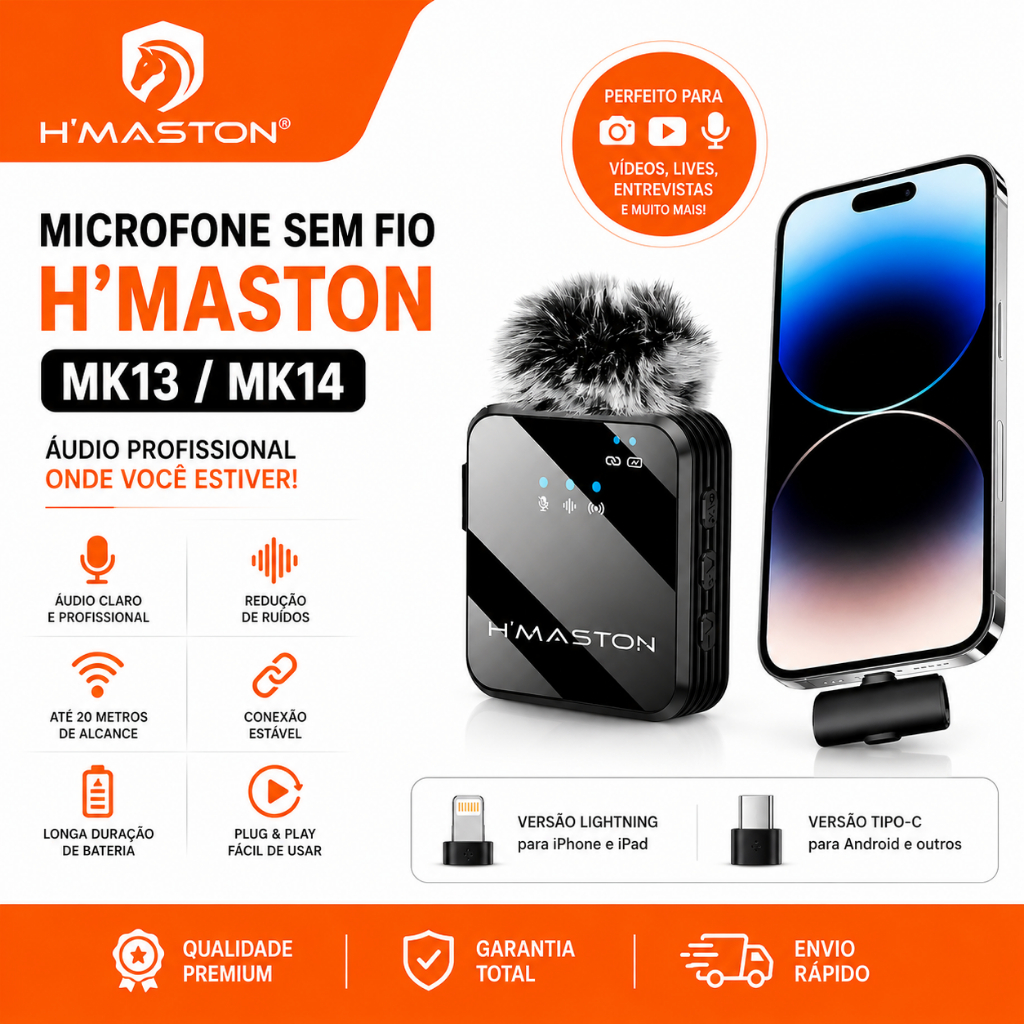 Microfone Sem Fio Lapela H'maston MK13/14 Anti Ruído Duplo Profissional Para Tipo-C e Lighting