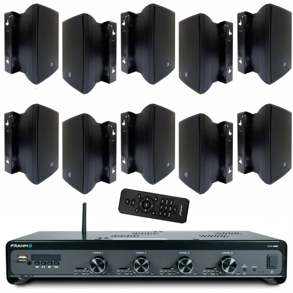 Kit Amplificador Frahm Slim 4500 G5 480W BT USB SD AUX + 10 Caixas de Som JBL C521P 40W Preto