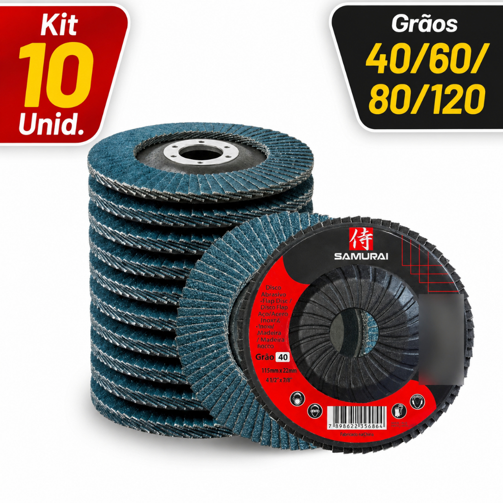 Kit 10 Disco Flap 4.1/2 115mm Zircônio Desbaste Acabamento Aço Inox Esmerilhadeira Lixadeira Samurai