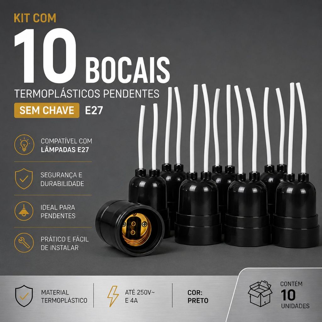Kit c/ 10 Soquetes E27 Pendente Preto Termoplástico Sem Chave Para Lustres e Luminárias