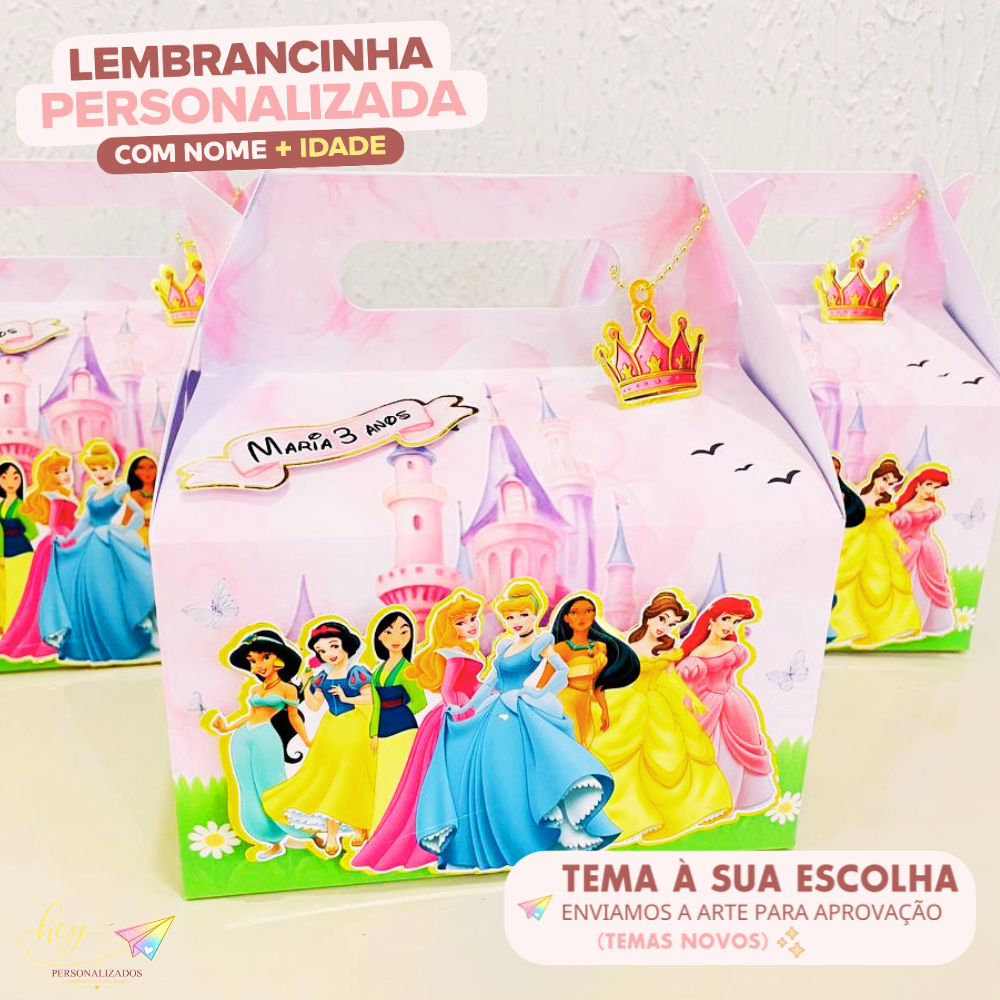 Lembrancinha Princesas Personalizada | Caixa Maleta | Nome e Idade | Festa Escolar | Aniversário Infantil