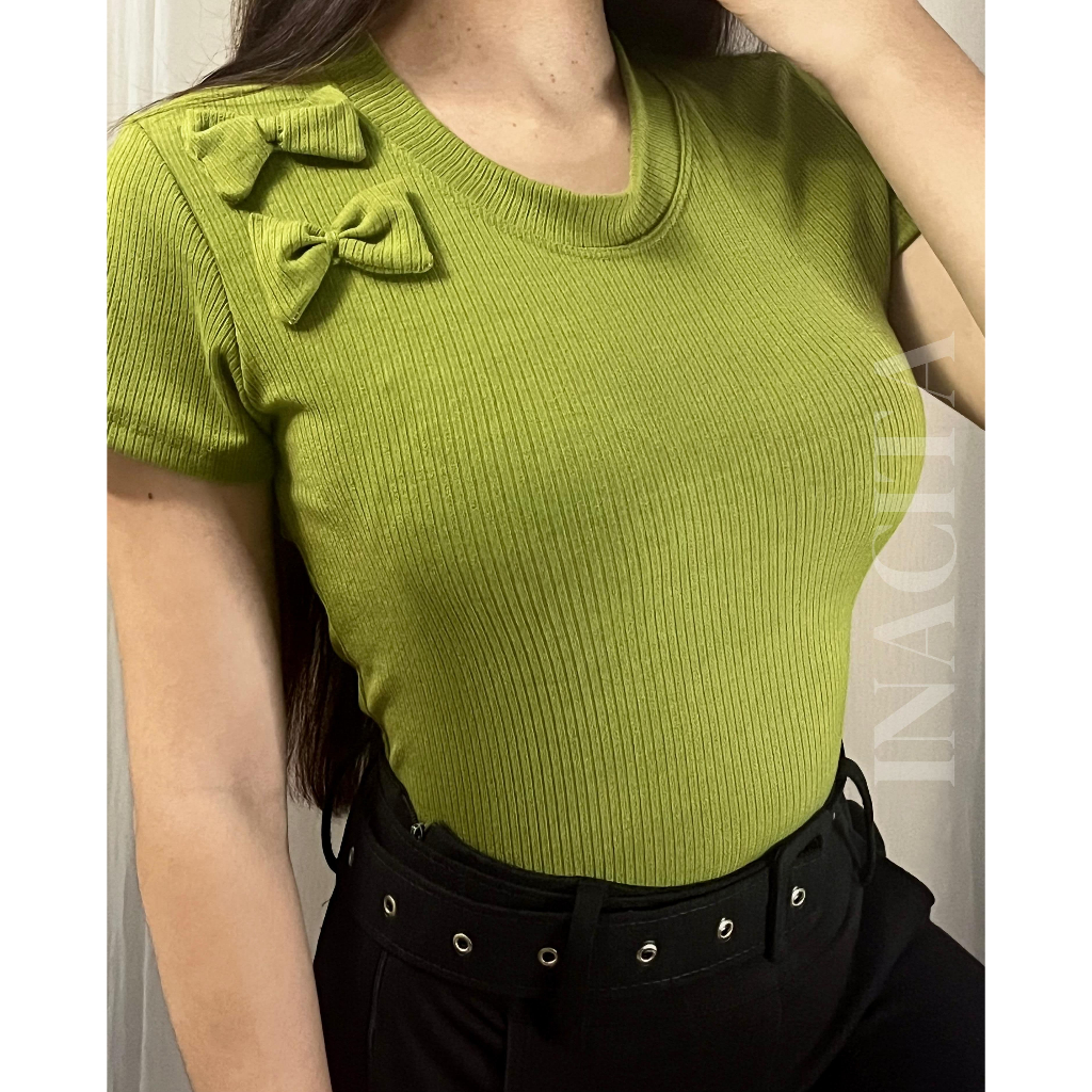 Blusa Feminina Canelada Ribana com Laços Manga Curta Casual Elegante Moda Feminina Confortável