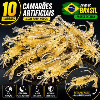 Kit 10 Camarões Artificiais com Anzol Isca para Pesca Camarão Soft com azol