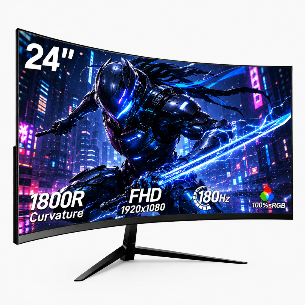 Monitor Curvo Gamer 24" IPS Full HD 180Hz 1ms FreeSync, Tela Ultrafina, Conexões HDMI/DP e Fixação VESA para PC e Consol