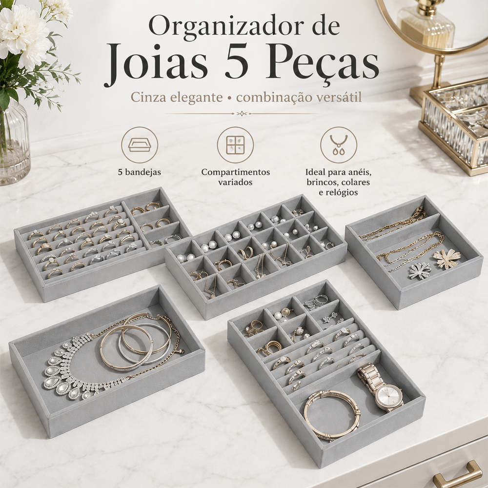 Kit 5 Porta Jóias Bandejas Veludo Organizadors Para Jóias Bijuterias
