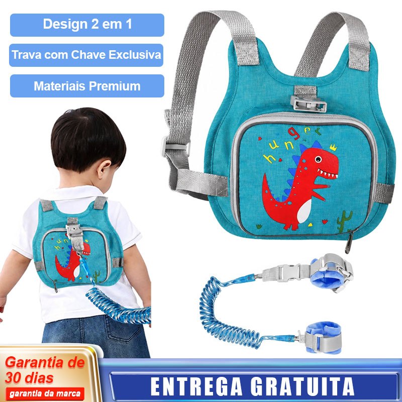 Cinto de Segurança Infantil com Chave Exclusiva - Antifuga, Alça Ajustável 1,5m, Mochila Inclusa, Refletor Noturno
