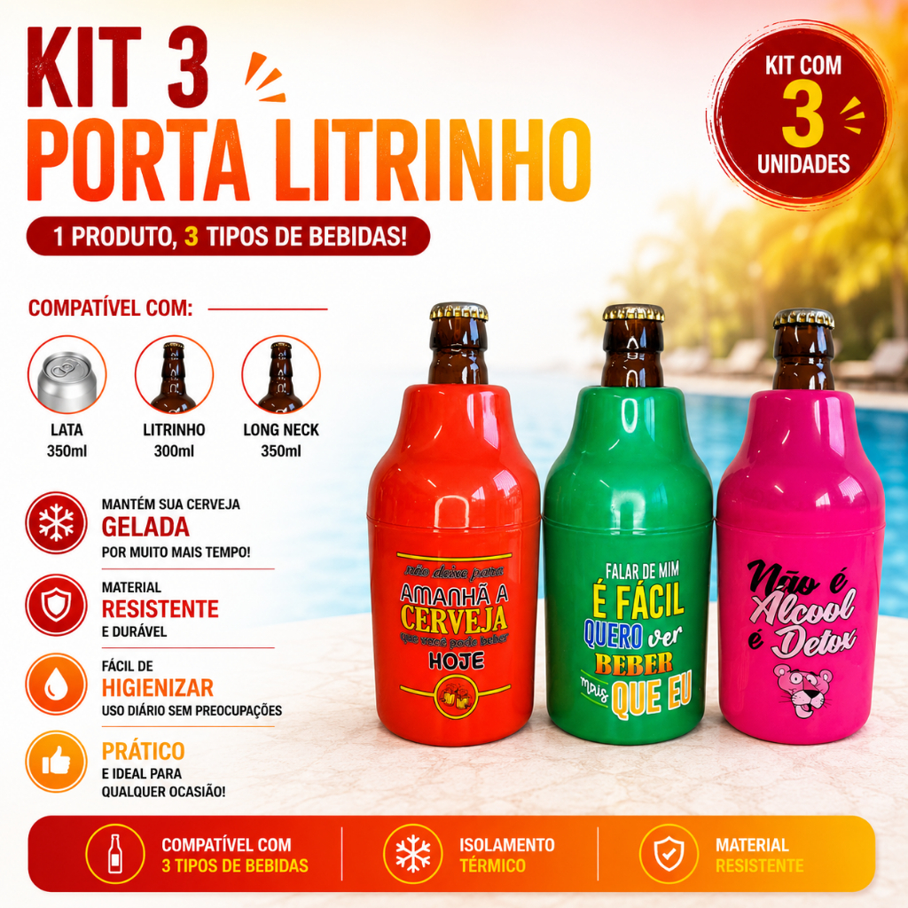 Kit 3 Porta Lata Long Neck Suporte Litrinho 300ml Cerveja Térmico Personalização