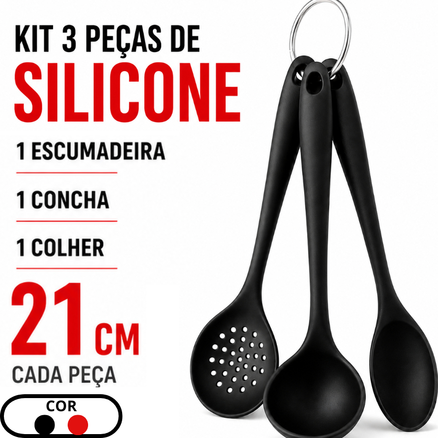 Kit 3 Utensilios De Silicone 21CM Cozinha Resistente Preto Ou Vermelho Colher Escumadeira Concha